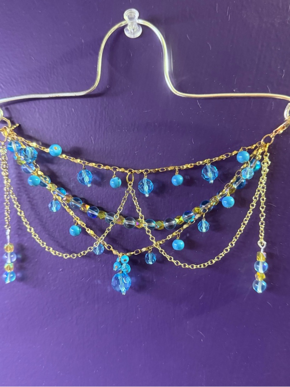 Custom! Gold-Tone Multi-Strand Blue Beaded Rear View Mirror Car Charm